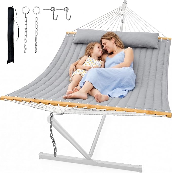 ANAGOO Double Quilted Outdoor Hammock for 2 Adults, 500lb Capacity Backyard & Camping Hammock with Pillow and Bamboo Spreader Bar, Fits 11–15ft Hammock Stands (Stand Not Included),Dark Gray by ANAGOO