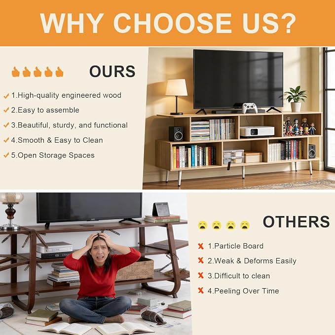 Lightdot 65" TV Stand Fits TVs Up to 75 Inch, Modern Entertainment Center with Power Outlet & Open Storage Shelves, Sofa Cabinet Media Console, Easy Assembly TV Table for Living Room,Bedroom,Walnut - Image 6