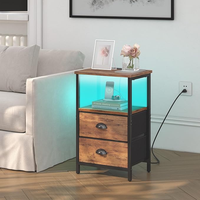 Sthmec Rustic Brown Industrial Nightstand Set of 2, Bedside Table with 2 Fabric Drawers, 3-Tier Storage, LED Light, Charging Station, 11.38''D * 15.38''W* 24.75''H - Image 2