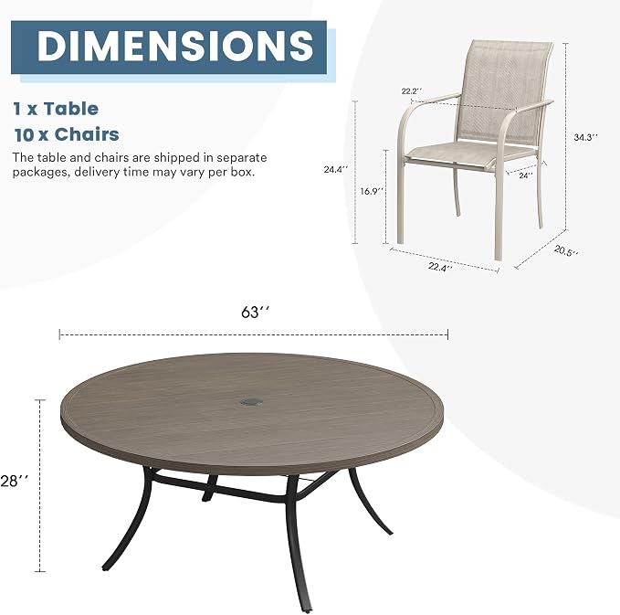 DIFY Patio Dining Set for 10, 11 Piece Outdoor Table and Chairs Set, 63" Grey Wood-Like Round Metal Patio Dining Table and Sandshell Textilene Stackable Patio Chairs, for Backyard Garden Poolside - Image 8