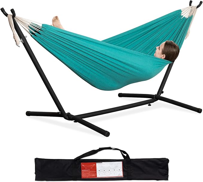 PNAEUT Double Hammocks with Stand for Outside, Portable Space Saving Heavy-Duty Steel Stand for Indoor Outdoor Patio with Carrying Bag, 450 lbs Capacity (Aqua) by PNAEUT