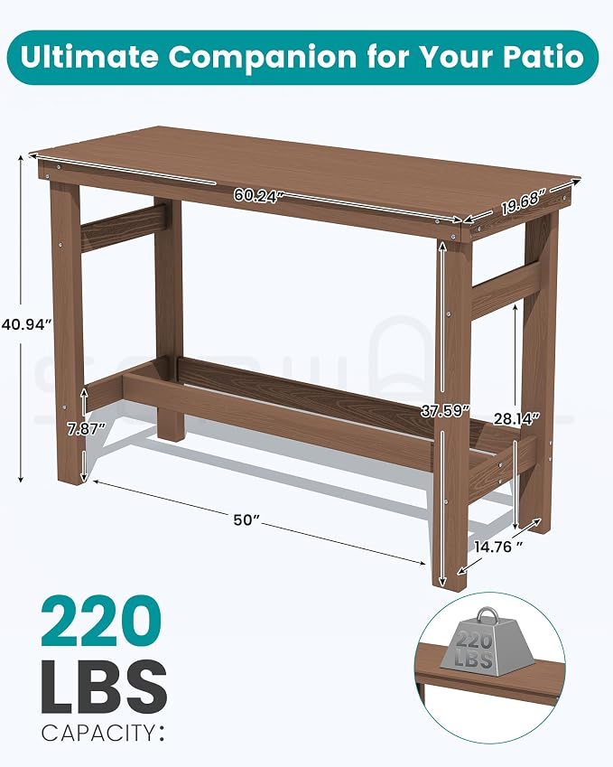 SERWALL 41" Outdoor Bar Table, All Weather HDPE Patio Bar Counter Height Table, Rectangle Patio Bar Table for Outside, Garden, Backyard, Balcony, Poolside, Brown - Image 6