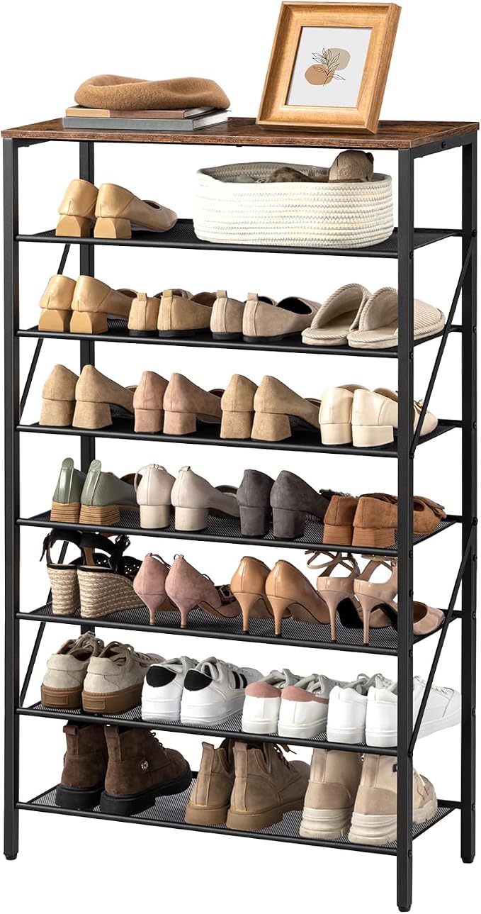 MAHANCRIS 8 Tier Shoe Rack Organizer for Closet, Holds 28-32 Pairs, Tall Metal Shoe Storage Shelf for Entryway Bedroom, Sturdy Freestanding Shoe Rack Space Saving, Large Capacity, Rustic Brown - Image 8