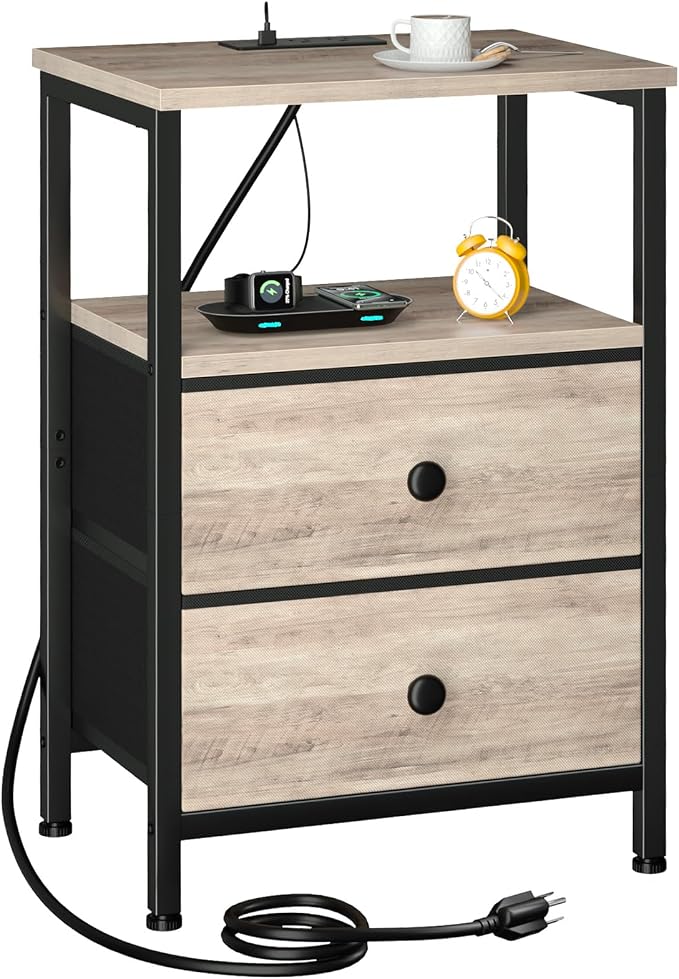 LOAKEKEL Night Stand with Charging Station, Small Bedside Table with 2 Fabric Drawers, Nightstand with USB Ports & Outlets for Bedroom, Grey, HETS020GY-1 by LOAKEKEL