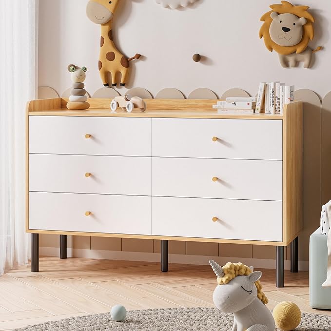LYNSOM Dresser for Bedroom, 6 Drawer Natural Wood Dresser with Wide Drawer and Metal Handles, Modern Dressers & Chests of Drawers for Hallway Entryway by LYNSOM