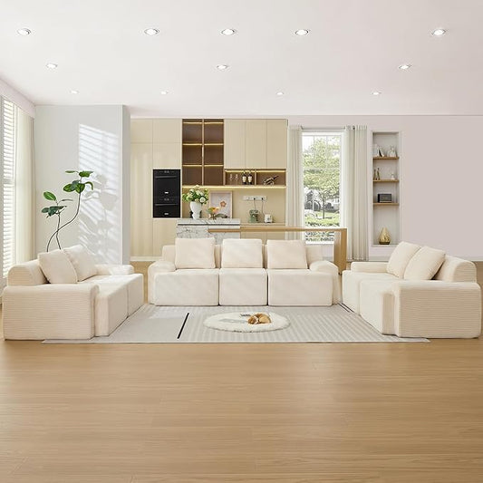 Modular Sectional Sofa, Boneless Couches for Living Room, Corduroy Couch, Big Comfy Couch, Modular Cloud Sofa with Deep Seat (White, 7 Pieces-Rowshape 3 Side)