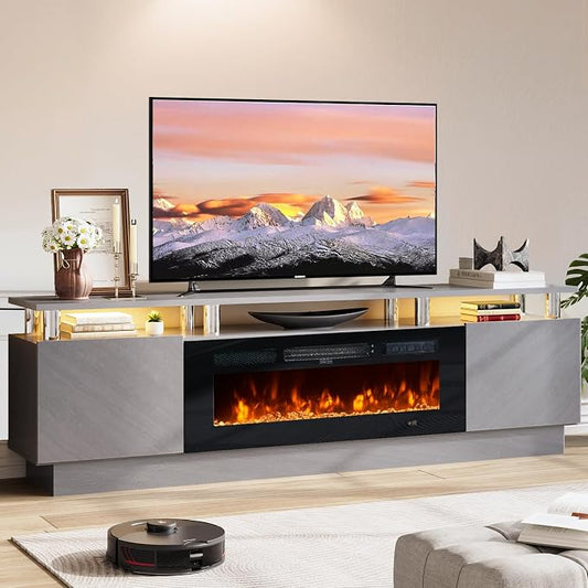 70" TV Stand for Living Room, Entertainment Center with Storage Cabinet, Fits TVs up to 80", Modern Media Console with Shelves, 36" Electric Fireplace (Grey+Black) by Unknown