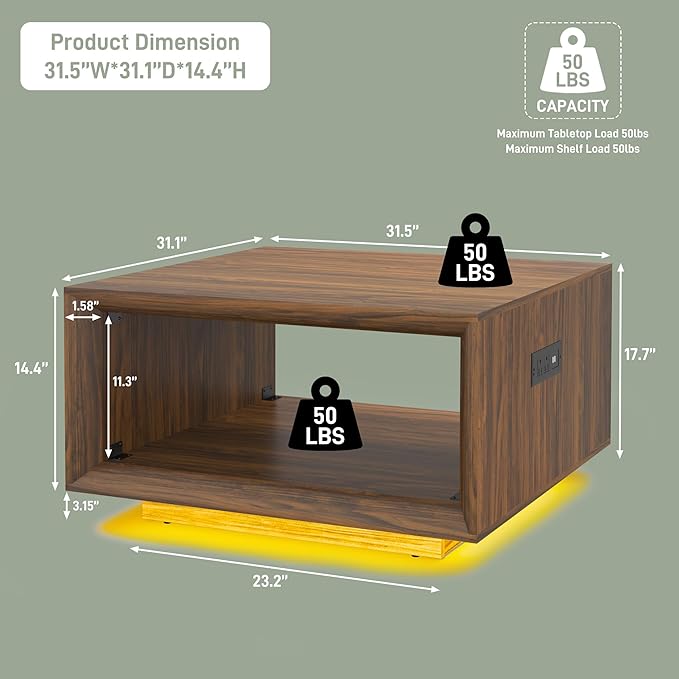 32" Mid Century Modern Coffee Table for Living Room, Square Center Table with LED Light & Power Outlet, Cocktail Table with Storage, 2-Tier Minimalist, Deep Beveled Edge, Wood Thick Design, Walnut