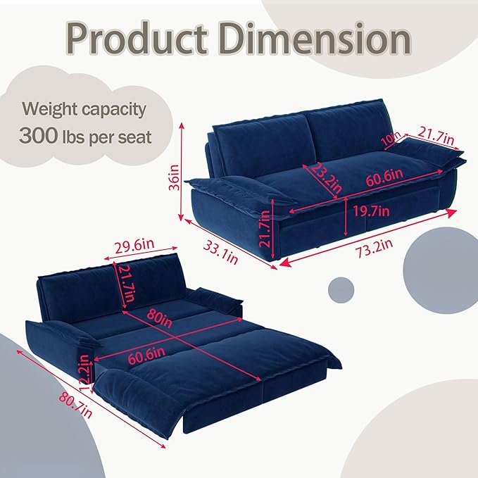 73.2" Queen Size Pull Out Sofa Bed, 3-in-1 Convertible Sleeper, Velvet Loveseat for Living Room, Apartment, Bedroom Small Spaces, Blue (Mattress & Bedding Not Included)