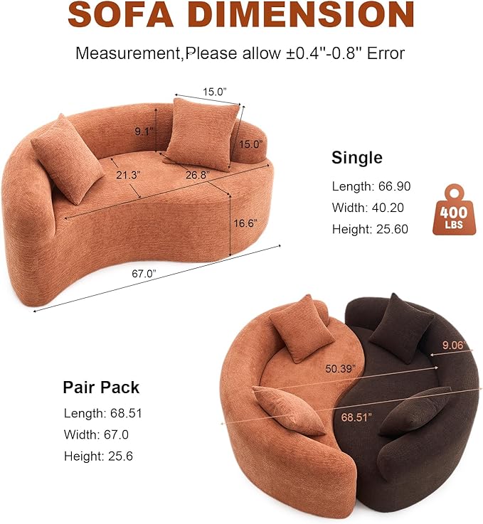 KEIKI S-Curved Loveseat Chenille Couches with 2 Pillows, Upholstered Luxury Plush Cloud Sectional Sofa for Living Room Apartment, Full Sponge Compression