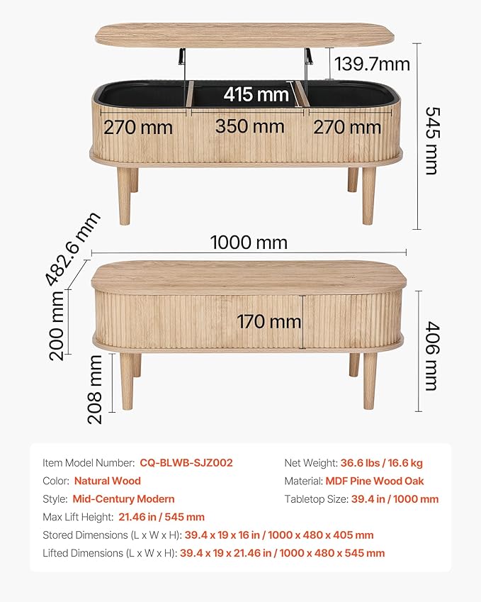 VEVOR Fluted Lift Top Coffee Table, Oval Wood Coffee Table with 3 Hidden Compartment, Mid Century Modern Center Table with Storage, Lift up Tabletop for Home Living Room Office, Easy Assembly, Natural