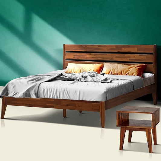 Acacia Emery King Solid Wood Platform Bed Frame with Headboard – Gift Matching Nightstand Included, Farmhouse Mid-Century Modern, Walnut Finish, Sturdy, No Box Spring Needed, Easy Assembly