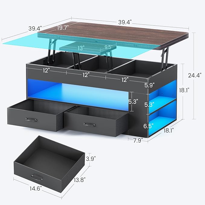 Itaar Lift Top Coffee Table, 4 in 1 Coffee Tables with Storage and Hidden Compartment, Farmhouse Coffee Table with 2 Fabric Drawers & LED Light for Living Room, Black