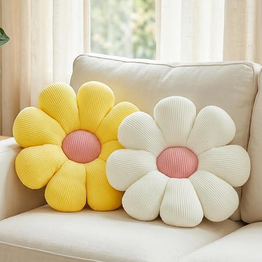 2 Pcs Flower Pillow Decorative Throw Pillows for Girls Preppy Room Decor, Cute Aesthetic Flower Daisy Shaped Throw Pillows for Bedroom Bed Couch Chair Floor Classroom (White+Yellow, 15.35 Inch)