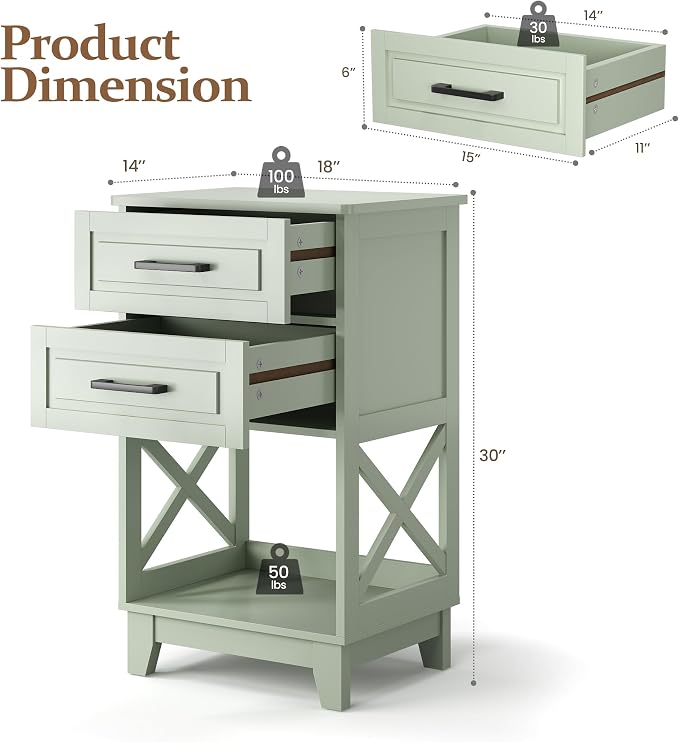 RoyalCraft 30" Tall Nightstand, Modern Painted Bedside Table with 2 Drawers and Open Shelf, Wood Side Table for Bedroom, Home Office, Green-Open Shelf Below, Set of 1 - Image 2