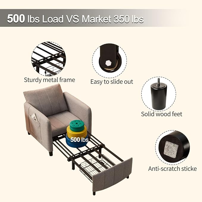 ZZW Sleeper Chair, 84" Extra Long Convertible Chair Bed, Upgraded 3-in-1 to 4-in-1 Pull Out Chair & Single Sofa Bed for Adult, Sleeping Chair for Living Room, Small Space (Light Grey)