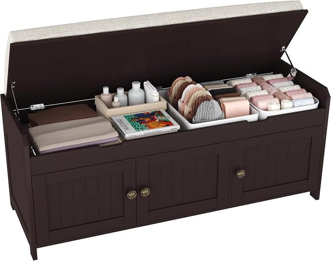 HOMEFORT 41.3" Shoe Bench with Lift Top Storage, Entryway Bench with Cushioned Seat, Wooden End of Bed Bench, Shoe Cabinet Bench with Hidden Storage Space, for Bedroom, Hallway,Espresso by HOMEFORT