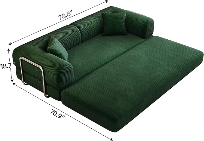 Ball & Cast 78.8" Compressed Modular Sofa Bed, No-Assembly Convertible Floor Futon Couch with Pillow Backrest & Armrest Support, Boneless Corduroy Sleeper Sofa for Living Room & Bedroom, Green