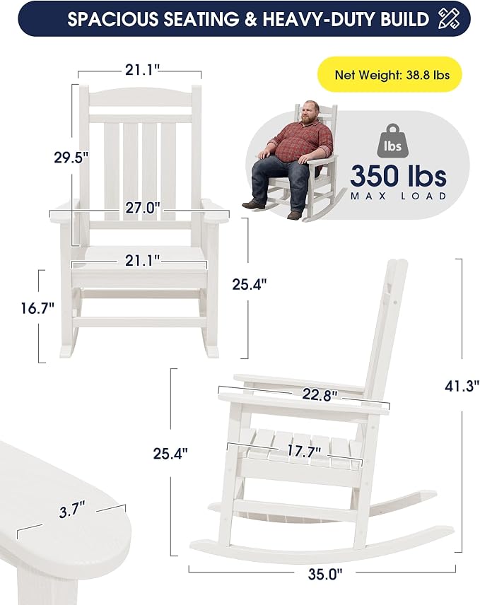 KINGYES Oversized HDPE Patio Rocking Chair Set, Outdoor Rocking Chairs Porch Rocker for Adults, White - Image 3