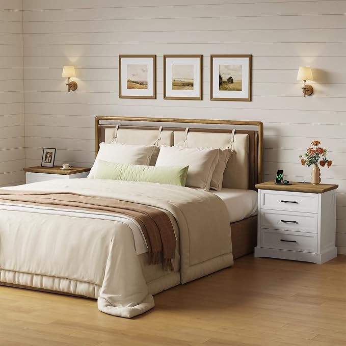 Farmhouse Nightstand with Charging Station and Hidden Drawer, 23.6" W Bedside Table with 4 Drawers, Night Stand for Bedroom, Home Office, White & Brown - Image 7