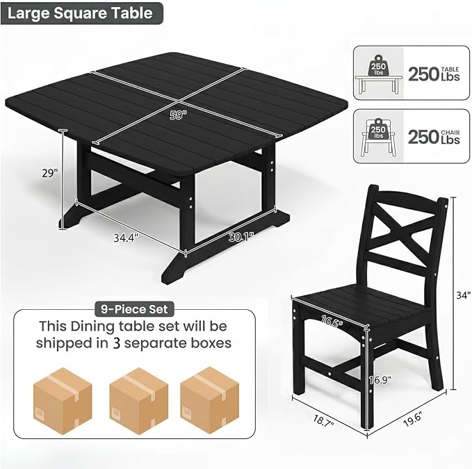 Outdoor Dining Set, HDPE 9-Piece Patio Table and Chairs Set, All-Weather Outdoor Dining Table Set for 8 with Umbrella Hole, Durable Patio Furniture Set with Chairs,Black - Image 3