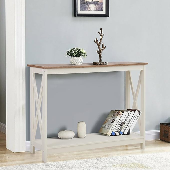 Sophia & William Farmhouse Console Table with Storage Shelf, 2 Tier Sofa Table for Entryway, Hallway, Living Room, Ivory