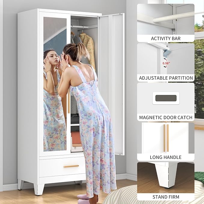 75.3" Tall Metal Armoire Wardrobe Closet with Mirror Doors and Drawer, Adjustable Hanging Rod and Adjustable Shelf, Freestanding Storage Cabinet Organizer for Bedroom, Office, Laundry Room, White