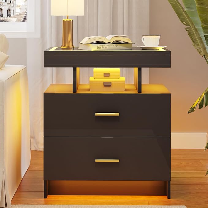 LED Nightstand Set 2 with Wireless Charging Station,Black Night Stand with 2 Drawers,Glass Top Smart Bedside Table,Modern End Table Side for Bedroom,Living Room,Office - Image 7