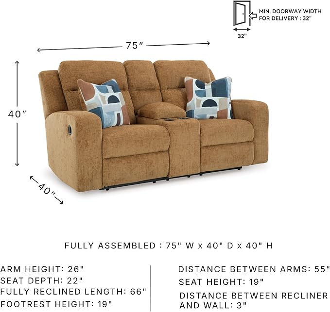 Signature Design by Ashley Kanlow Contemporary Manual Double Reclining Loveseat with Console, Storage, Cup Holders and 2 Accent Pillows, Light Brown