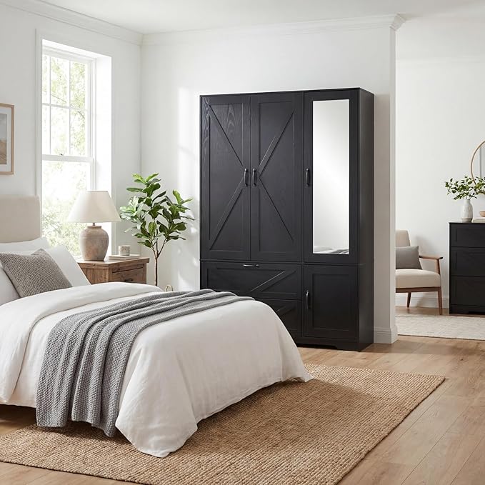 Armoire Wardrobe Closet with Drawers and Mirror, 72" Bedroom Wardrobe Cabinet with Motion Sensor Light, Hanging Rod & Adjustable Shelves, Bedroom Clothing Storage Closet with 3 Doors