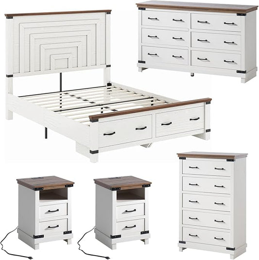 AMERLIFE 5-Piece Farmhouse Bedroom Set, Rustic Wood Queen Bed Frame with 54" Tall Headboard, 6-Drawer Dresser Chest, 5-Drawer Tall Chest, Nightstands Set of 2 with Charging Station, White