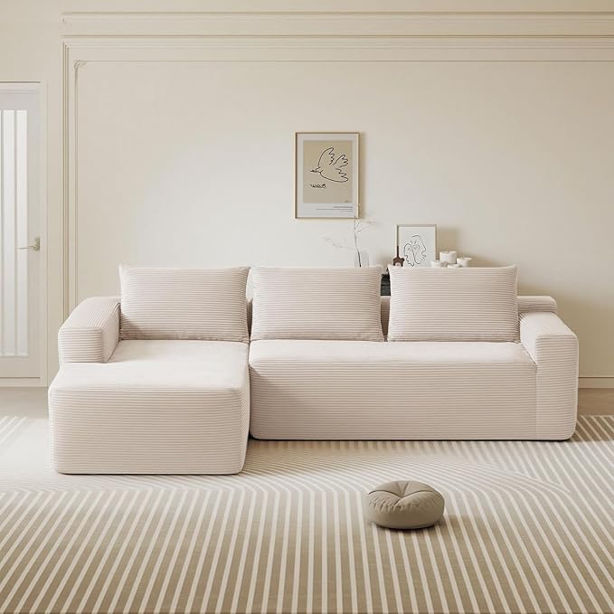 97inch Boneless L-Shaped Sectional Sofa with Throw Pillow & Side Pockets- No Assembly Compressed Modular Couch, Memory Foam, Deep Seat for Living Room, Bedroom, Apartment White Left