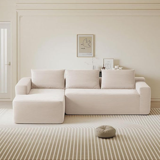 97inch Boneless L-Shaped Sectional Sofa with Throw Pillow & Side Pockets- No Assembly Compressed Modular Couch, Memory Foam, Deep Seat for Living Room, Bedroom, Apartment White Left