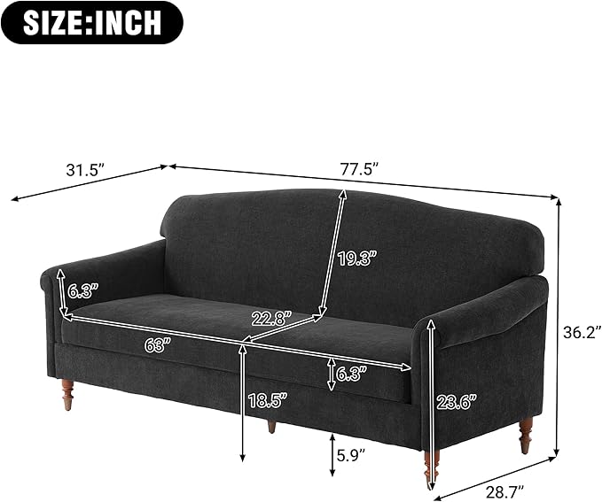 Christopher Knight Home Sola 77.5'' Modern Chenille Upholstered Loveseat Sofa with Rolled Armrest and Rubberwood Frame, 2-Seater Home Sofa Living Room, Comfy Couch for Hotel/Apartment, Dark Grey