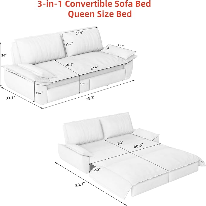 3-in-1 Convertible Sofa Bed Queen Size Pull Out Sleeper Sofa with Heavy Duty Metal Frame, Luxurious Velvet Upholstered Loveseat with 2 Pillows, Modern Folding Guest Bed for Living Room, Apartment