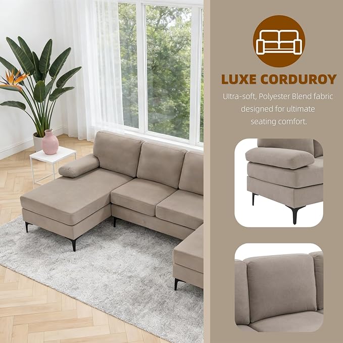106" U-Shape Sectional Couches with Double Chaise, Upholstered Sofa with Polyester Blend Fabric, Modern 4 Seat Modular Sofa with Sturdy Metal Legs for Living Room, Apartment, Khaki