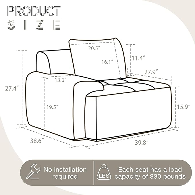 Modular Sectional Sofa, Boneless Couches for Living Room, Corduroy Couch, Big Comfy Couch, Modular Cloud Sofa with Deep Seat (White, 1 Piece-Left Armchair)
