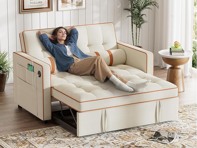 Marsail 3-in-1 Convertible Futon Sleeper Sofa Bed, Pull Out Couch with Adjustable Backrest, USB Charging & Side Pockets, Velvet Fabric Sofa Loveseat for Living Room, Apartment, Ivory White