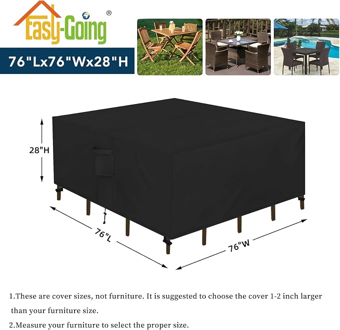 Easy-Going Square Patio Furniture Cover Waterproof Outdoor Dining Table and Chair Cover Anti-UV Outside Sectional Sofa Set Covers (76"L x 76"W x 28"H, Black) - Image 2