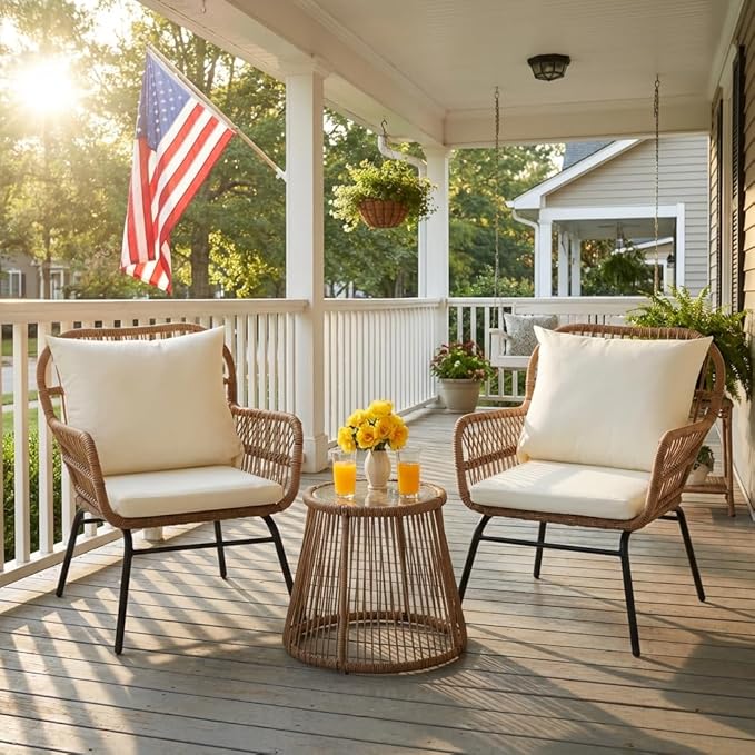 Bezseller 3-Piece Outdoor Patio Set - 20" Wide Seating w/ 2" Thick Cushions, 14.2" Seat Height - Modern Boho Furniture for Gardens, Balcony & Apartments