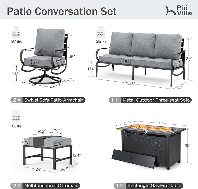 PHI VILLA Patio Furniture Set with FirePit Table, Outdoor Furniture with 1 x 3-Seat Wide Deep Seating Bench, 2 x Swivel Sofa Chairs & 2 Ottomans, 5.75" Thick Cushioned Outdoor Conversation Set, Grey