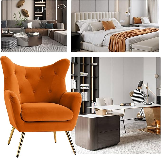 HULALA HOME Velvet Accent Chair Set of 2, Modern Wingback Arm Chair with Metal Gold Legs, Velvet Tufted Upholstered(Orange)
