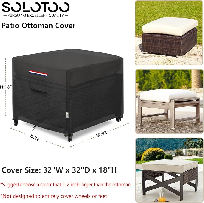 Patio Ottoman Cover Waterproof Heavy Duty Square Outdoor Ottoman Covers, 32W x 32D x 18H Inches Patio Furniture Covering Protector Outdoor Side Table Cover (Black) - Image 3