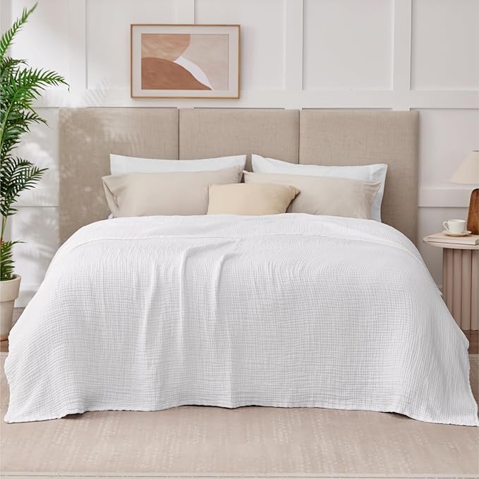 100% Cotton Muslin Blanket California King 120" x 90", 6 Layers Breathable and Lightweight Oversized Blankets for Bed, Soft Cooling Gauze Blanket for Adults All Season, White