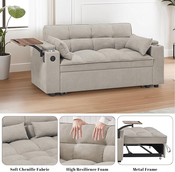 Rovibek 3 in 1 Sofa Bed, 65 Inch Convertible Pull Out Couch with USB and Type-C Ports, Loveseat Sleeper Bed with Small Table, 3 Level Adjustable Backrest for Living Room, Khaki