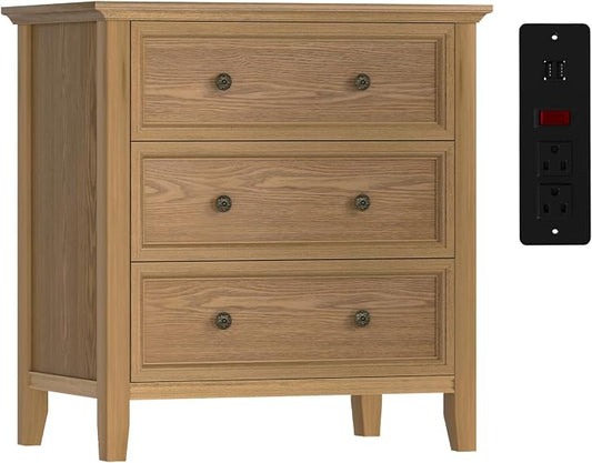 IKENO 3 Drawer Nightstand with Charging Station, Solid Wood Teak End Table with USB Ports & Outlets, Modern Bedside Table with Storage Drawers for Bedroom, Living Room, 27.6" W x 16.8" D x 26.8" H by IKENO