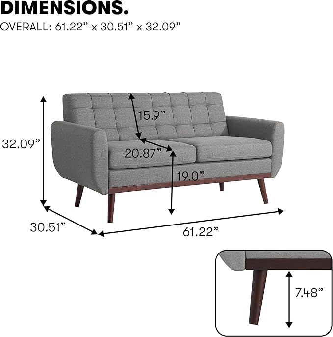 Serta® David 61.2" Modern Sofa, Tufted Back Cushion, Rounded Arms, Solid Wood Legs, Dream Coil® Comfort, Woven Polyester Fabric, Gray