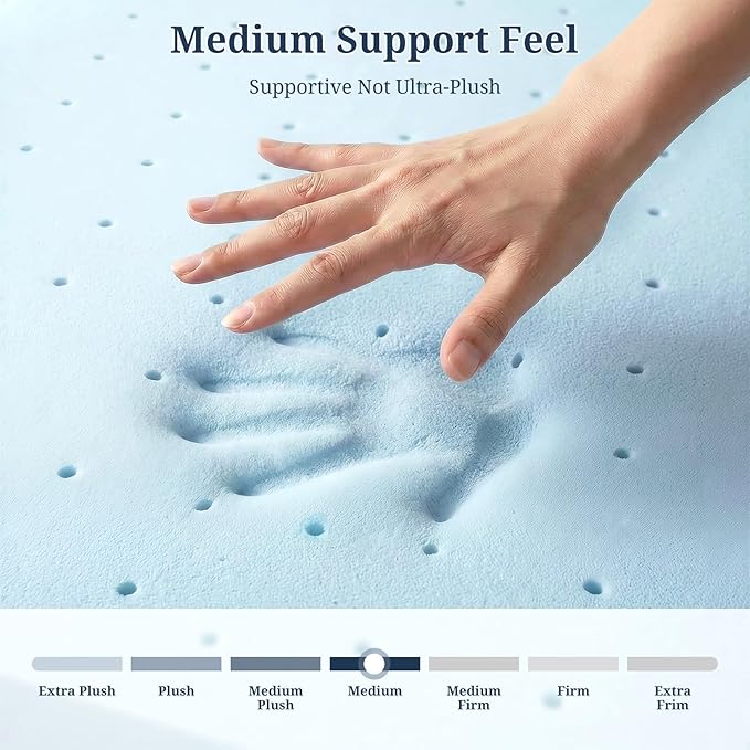 Queen Mattress Topper, 4 Inch Gel Memory Foam, Plush Comfort, Pressure Relief, Ventilated Breathable Design, CertiPUR-US Certified, Blue