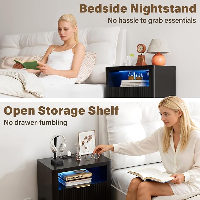 YESHOMY Fluted Nightstand with Charging Station,24" Night Stand with 2 Drawers and Storage Shelf,RGB LED Lighting,Arc Edge Fluted Bedside Table for Bedroom,Black - Image 6