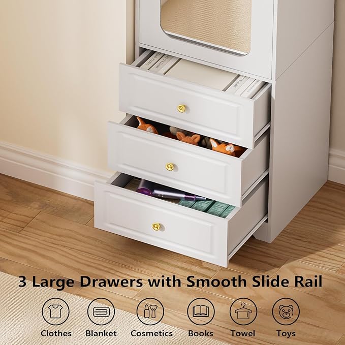 Armoire Wardrobe Closet, Updated White Bedroom Armoires Cabinet with Mirror Door and 3 Drawers, 15.7" W/69.5" H Clothing Storage Cabinet with Hanging Rod & Sensor Light for Bedroom-Left